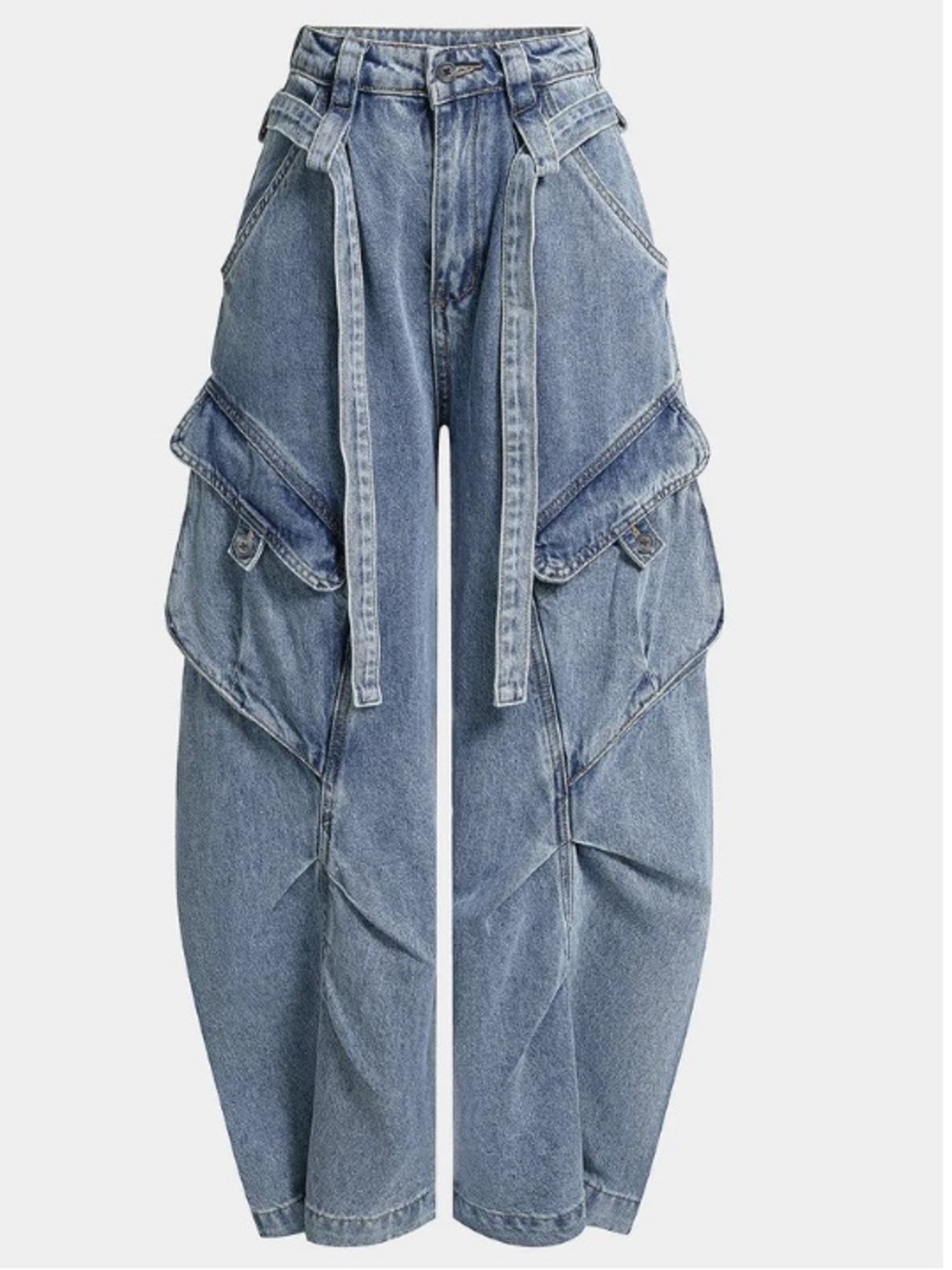 Denim Pocket Belted Wide Leg Jeans - Light Blue